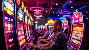 Menggambarkan pemain yang bersemangat bermain petanitoto di mesin slot berwarna-warni.