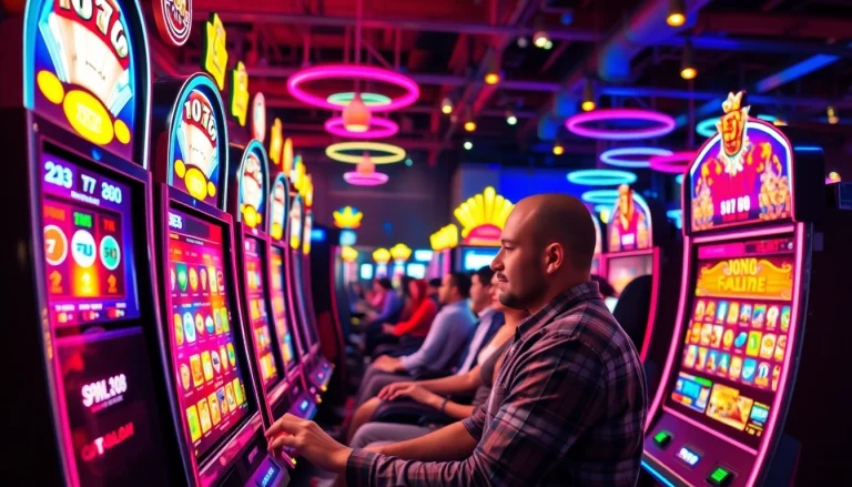 Menggambarkan pemain yang bersemangat bermain petanitoto di mesin slot berwarna-warni.