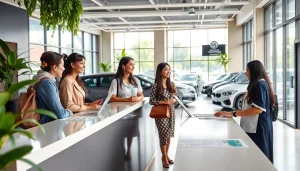 Kuching car hire scene showcasing modern rental office with friendly staff and diverse travelers.