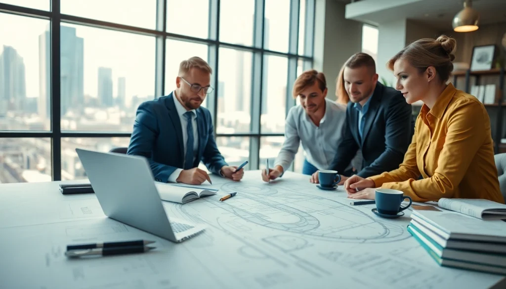 Railroad Design Consultants discussing plans in a bright office setting with blueprints and tools.
