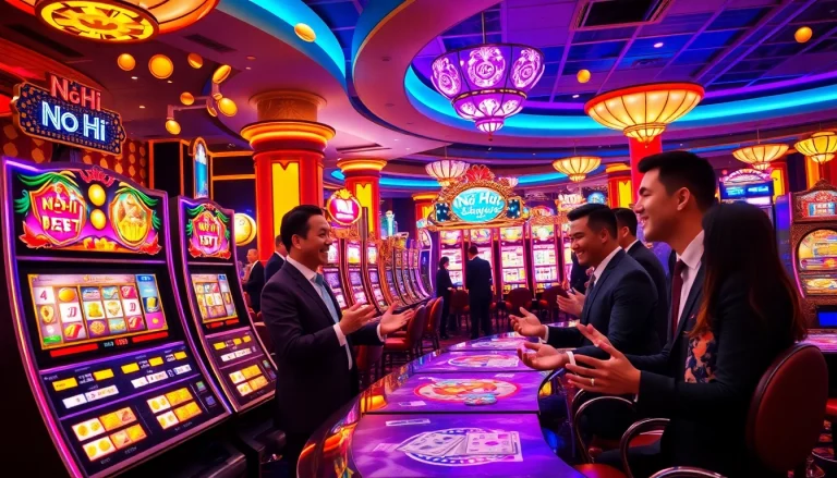 Nổ Hũ players celebrating jackpots at a luxurious casino, showcasing vibrant slot machines and excitement.