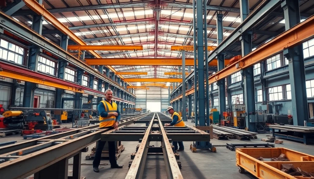 Crafting structural steel fabrication with skilled professionals in a vibrant workshop setting.