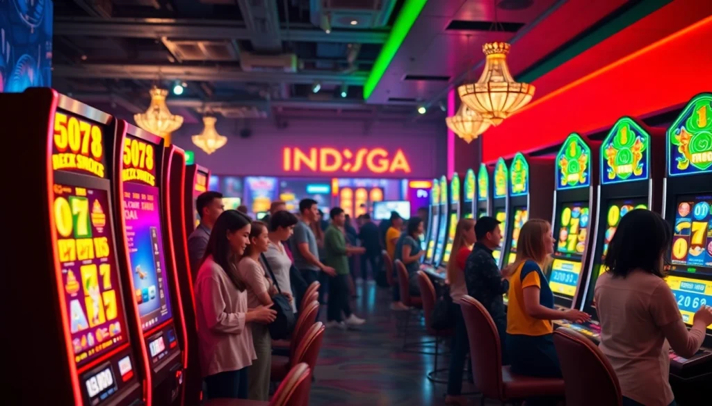Main scene showing people enjoying Indosga slot machines in a colorful casino environment.
