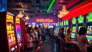 Main scene showing people enjoying Indosga slot machines in a colorful casino environment.