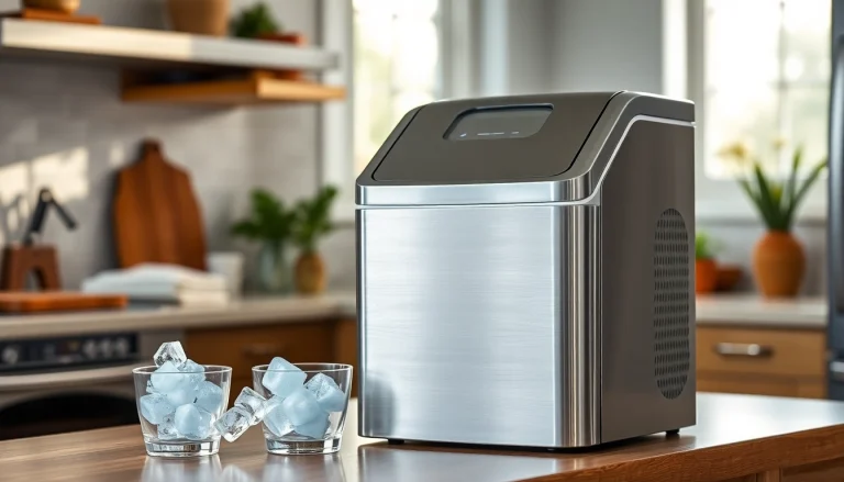 Showcase an affordable ice maker on a kitchen counter, emphasizing its modern design and ice-making ability.