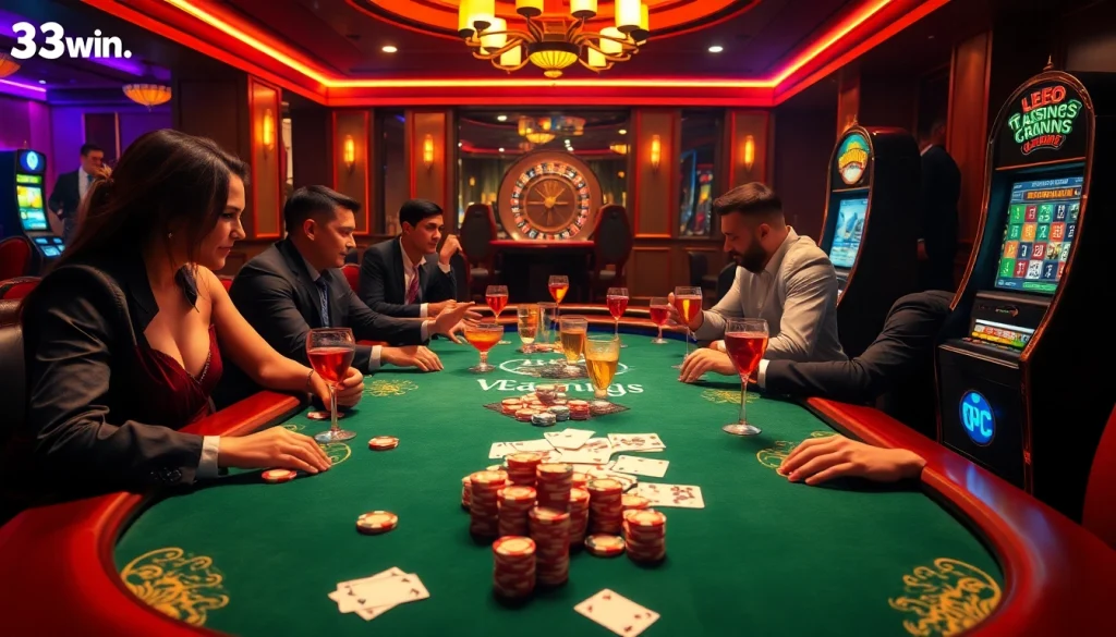 Experience the thrill of winning at 33win. com with a vibrant casino scene featuring poker tables, roulette wheels, and slot machines.