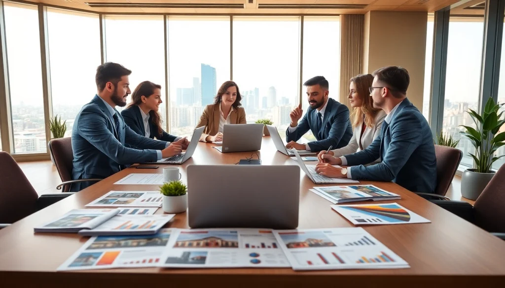 Engaging professional real estate agents collaborating in a modern office setting.