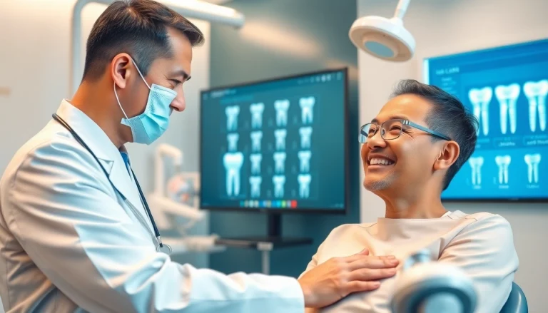 Best dental implants in Puchong, featuring a friendly dentist consulting with a patient in a modern clinic.