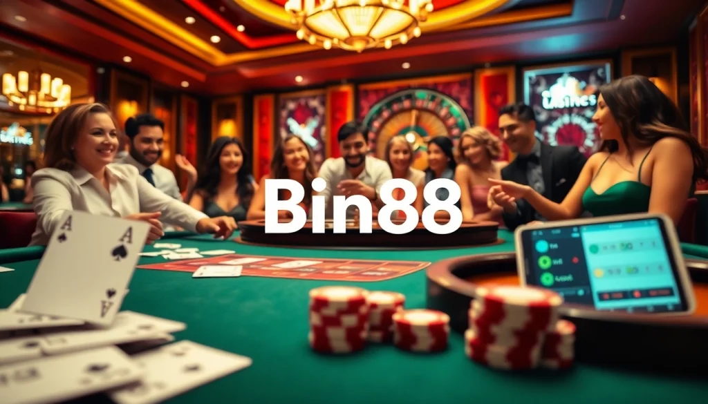 Bin88 players enjoying an upscale casino experience with lively poker games and roulette.