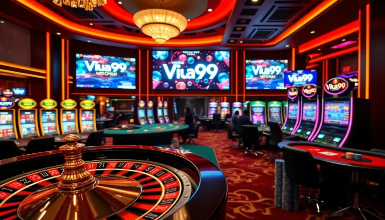 Experience the excitement of gaming at Vua99 casino with vibrant slot machines and poker tables.
