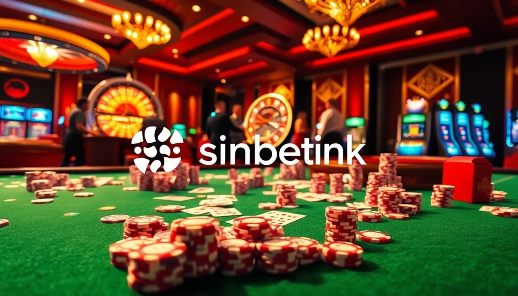Players engaging at a vibrant casino table, betting with sinbet.ink chips and cards, set in an exciting gambling environment.