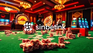 Players engaging at a vibrant casino table, betting with sinbet.ink chips and cards, set in an exciting gambling environment.