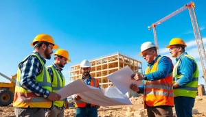 Construction association wyoming workers on site, collaborating in a bright and energetic environment.