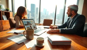 Engaging real estate professional showcasing listings to clients in a warm office.