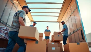 San Diego Moving and Storage professionals efficiently loading a moving truck with boxes in a sunny environment.