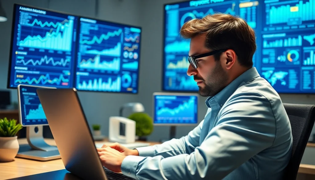 SEO expert analyzing data-driven insights using digital tools in a modern office.