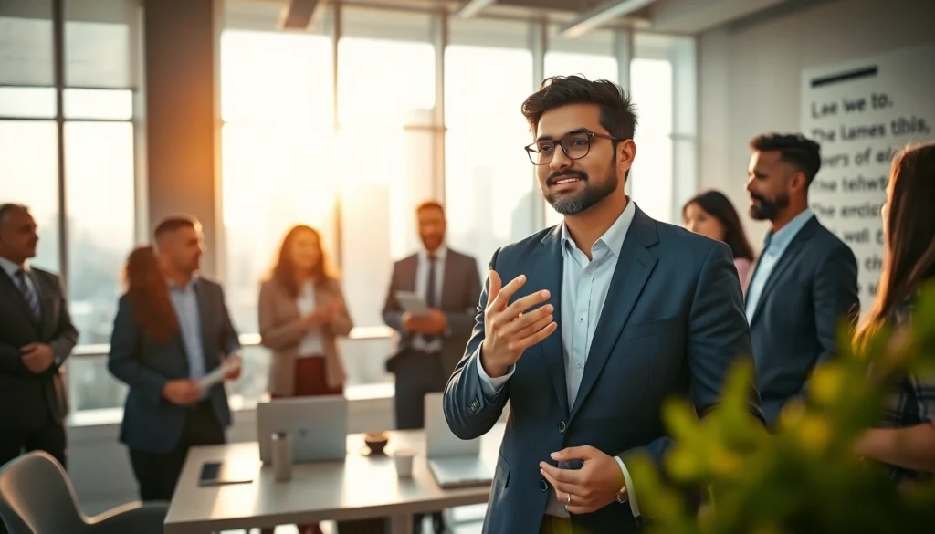 Captivating image of an indian entreprenure passionately leading a team in a contemporary office.