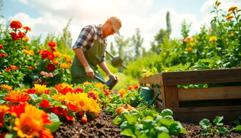 Gardening expert harvesting fresh vegetables in a vibrant garden setting.