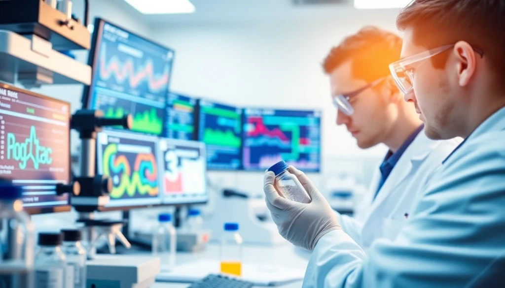 Showcase of a peptide research company in a professional lab, highlighting advanced synthesis techniques.