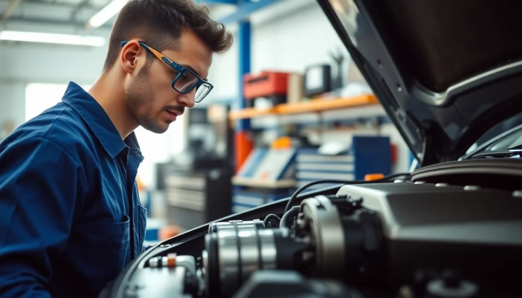 Find top-rated mechanic near me inspecting a car engine in a professional auto repair shop.