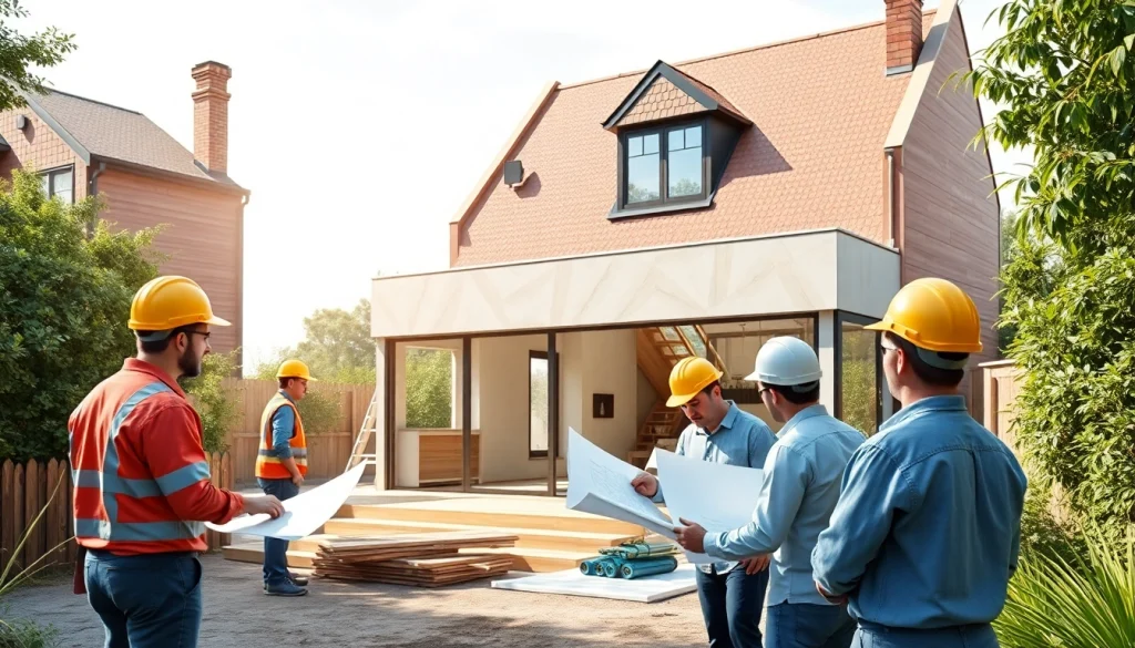 House extension construction showcasing modern design elements and workers collaborating.