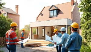 House extension construction showcasing modern design elements and workers collaborating.