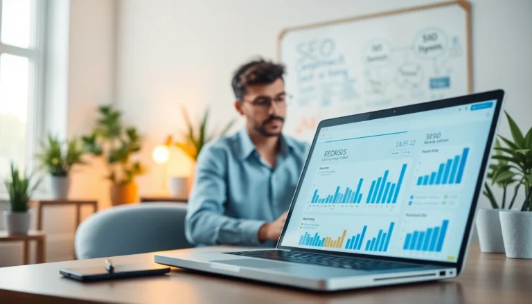 Analyze SEO trends on a laptop in a professional workspace with charts and graphs.