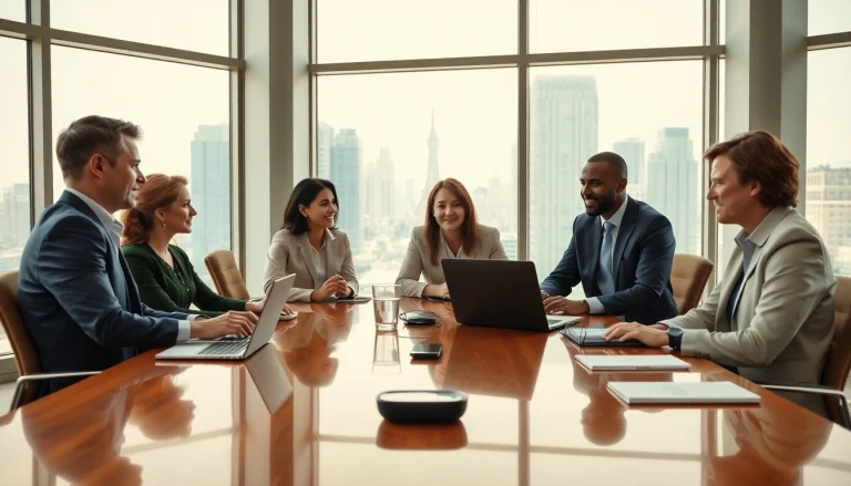 Business meeting with diverse individuals collaborating in a modern office.