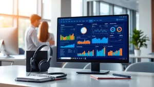Interactive call center software interface showcasing features in a professional office setting.