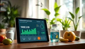 Calculate metabolic age calculator results with a sleek digital interface and healthy lifestyle props.