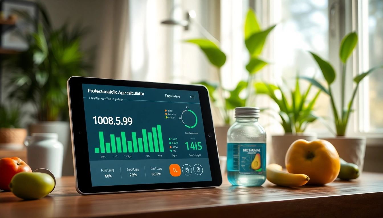 Calculate metabolic age calculator results with a sleek digital interface and healthy lifestyle props.