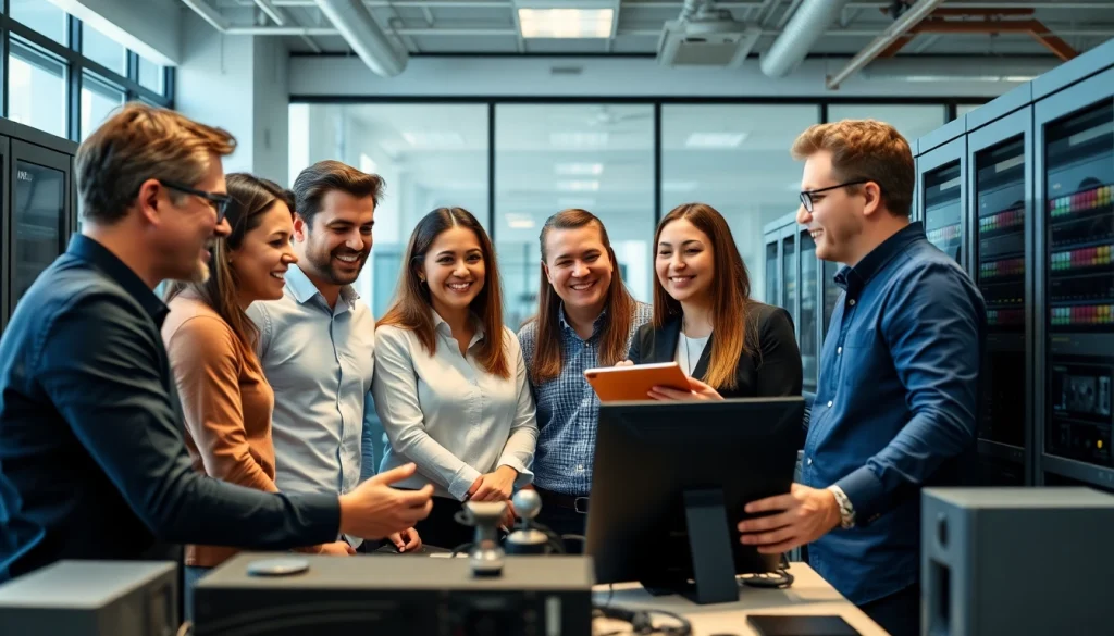 Highlighting a managed IT provider team efficiently collaborating in a modern office.