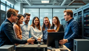 Highlighting a managed IT provider team efficiently collaborating in a modern office.