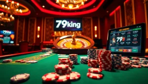 79king gaming table showcasing thrilling casino excitement with poker chips and cards.