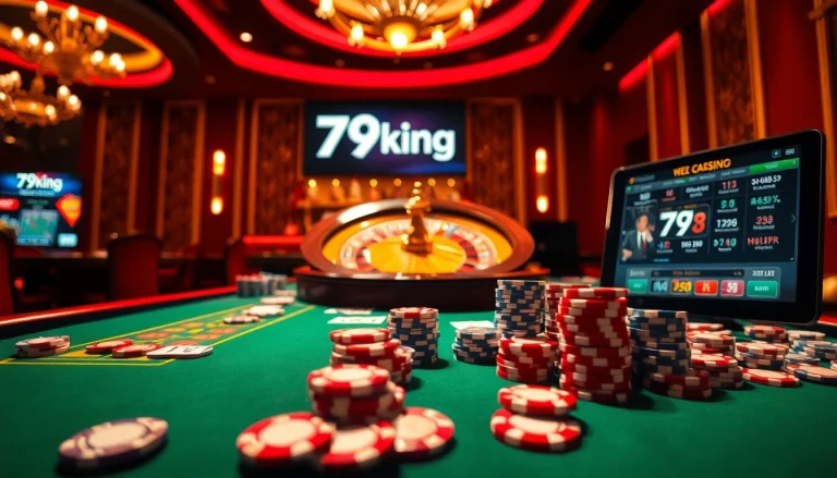 79king gaming table showcasing thrilling casino excitement with poker chips and cards.