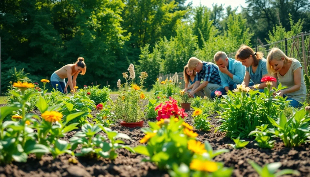 Gardening community bloom with vibrant plants and flowers under bright sunlight.