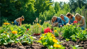 Gardening community bloom with vibrant plants and flowers under bright sunlight.
