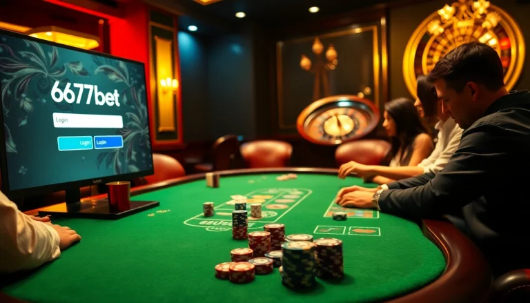 Engage in a thrilling casino experience with 667bet Login interface featuring poker, roulette, and vibrant ambiance.
