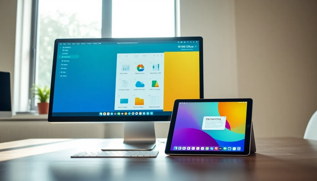 WPS电脑版 productivity suite displayed on a desktop and iPad in a modern office setting.