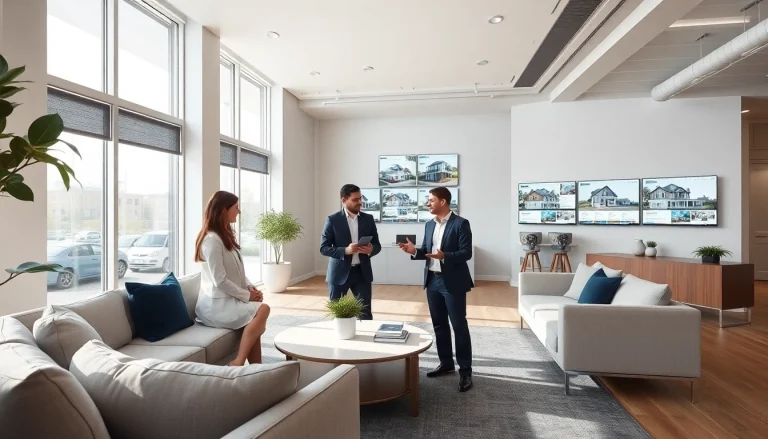 Engaging real estate office scene with agents collaborating on property listings.