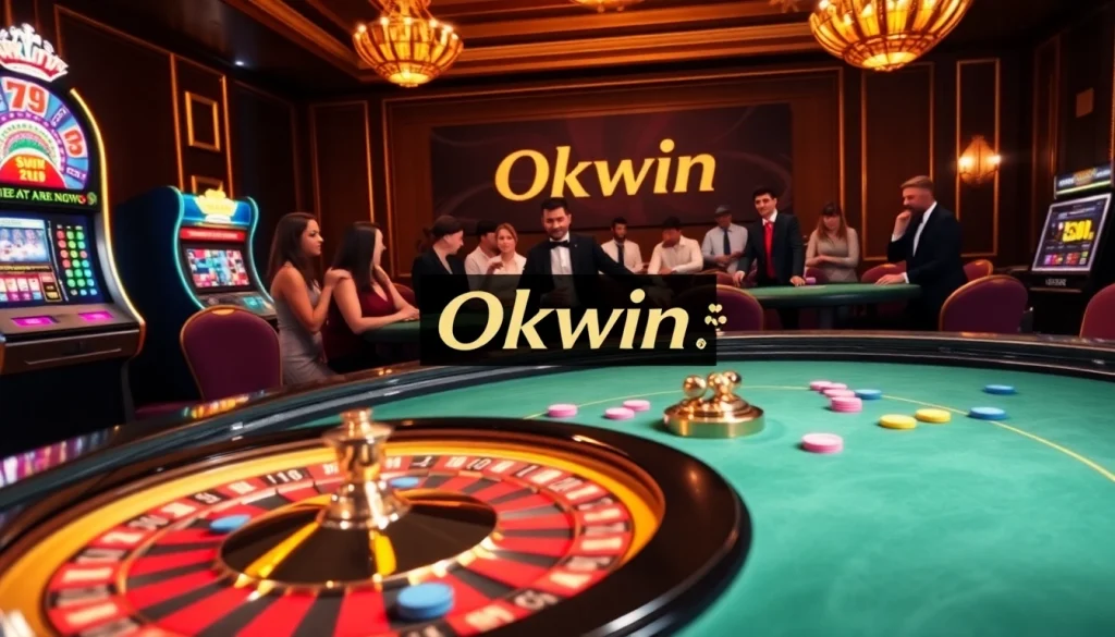 Experience thrilling gambling action at Okwin casino with a luxurious roulette table and engaged players.