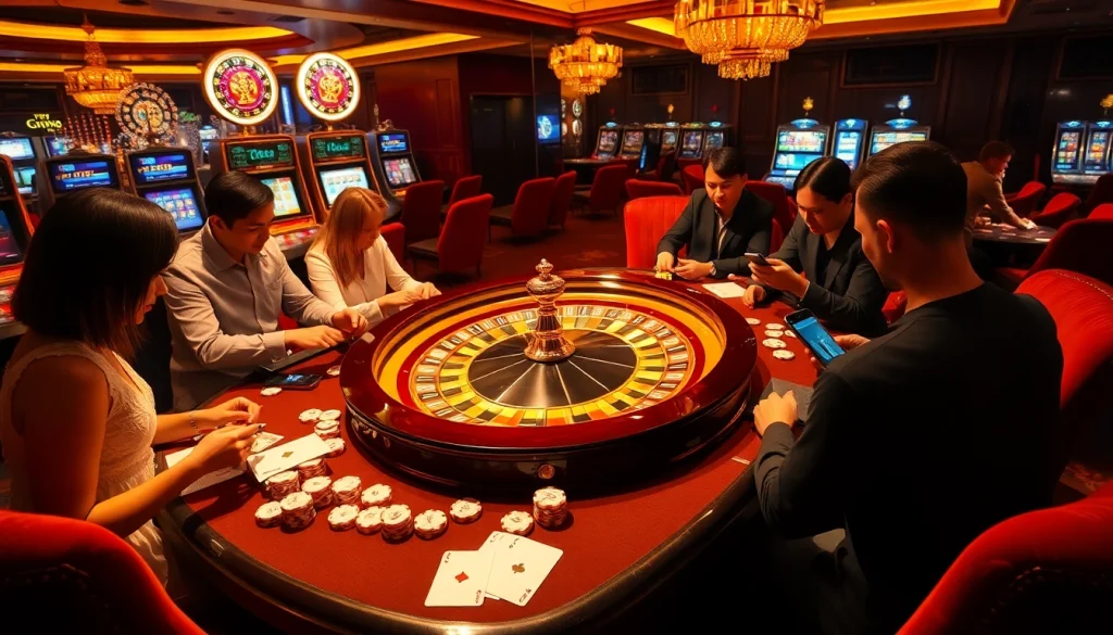 Exciting gambling action at nhà cái nohu90 with roulette and poker, showcasing vibrant casino atmosphere.
