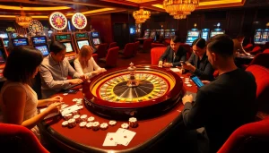 Exciting gambling action at nhà cái nohu90 with roulette and poker, showcasing vibrant casino atmosphere.