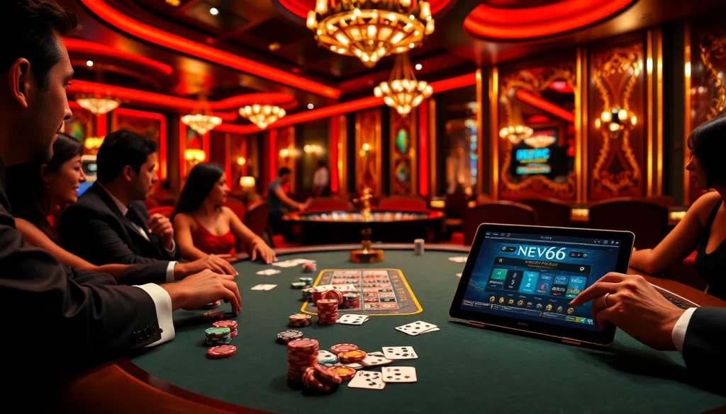 Exciting poker game scene featuring New66 branding with vibrant chips and cards.