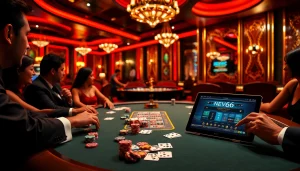 Exciting poker game scene featuring New66 branding with vibrant chips and cards.