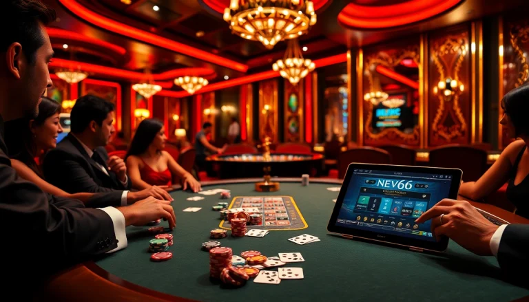 Exciting poker game scene featuring New66 branding with vibrant chips and cards.