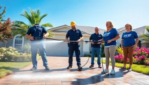 Pressure wash team cleaning a driveway in Kissimmee, showcasing vibrant landscaping and professionalism.