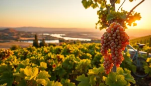 Experience the serene vineyards of Carksburg CA with sunset lighting above lush grapevines.