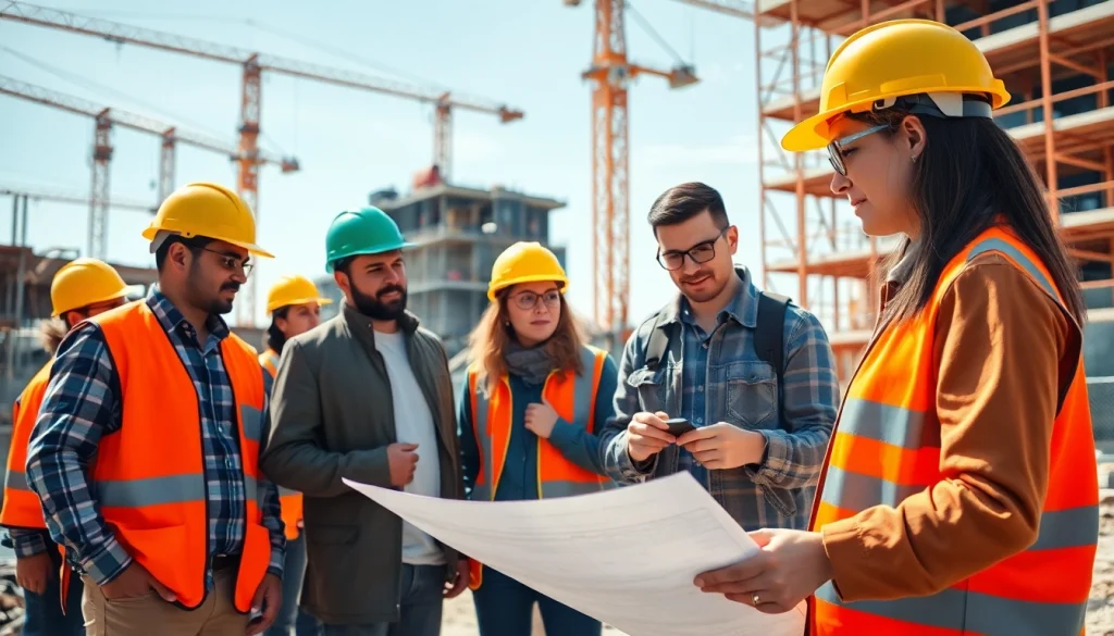 Construction professionals collaborate on-site, emphasizing the importance of Careers in construction for teamwork.