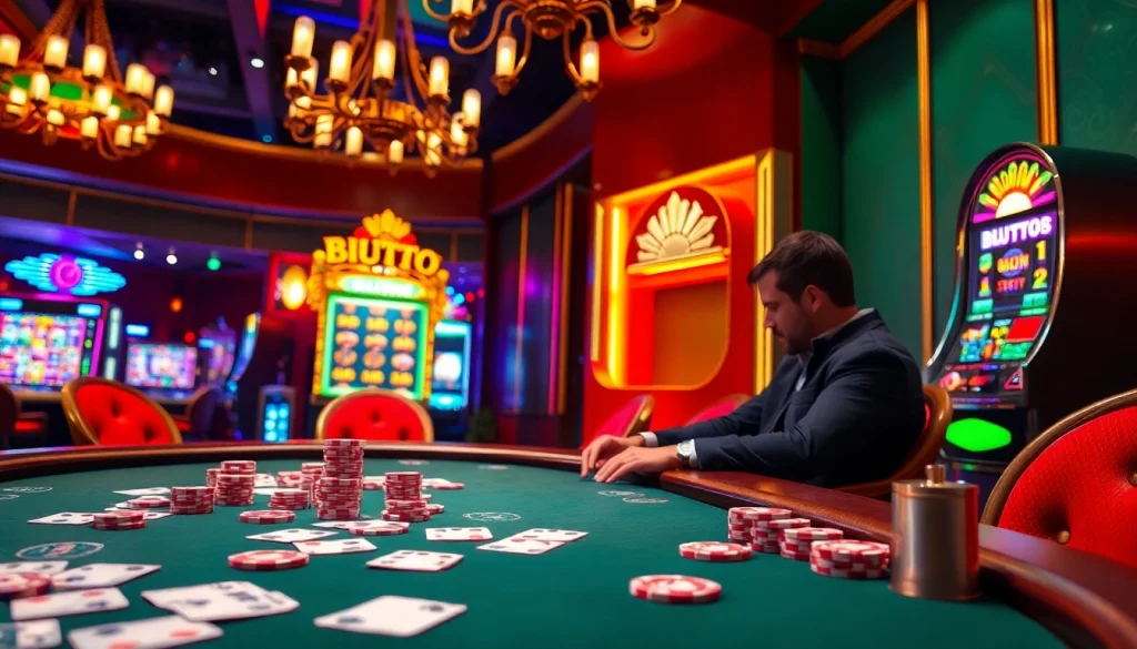 Experience the excitement of birutoto at a luxurious casino with poker tables and flashing slot machines.